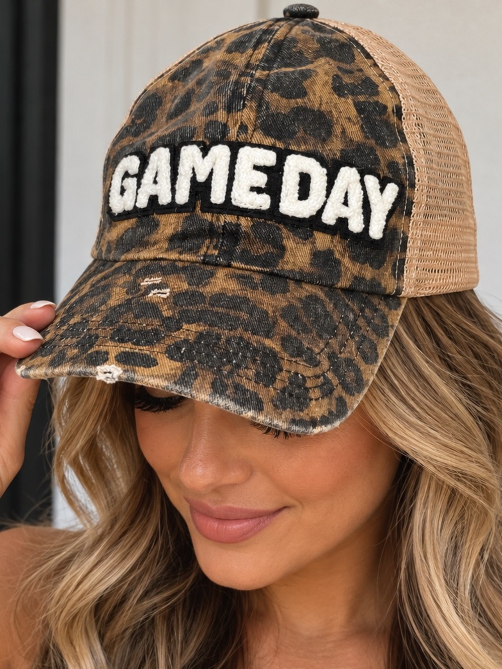 David and Young Leopard Print "GAMEDAY" Cap in Tan and Black